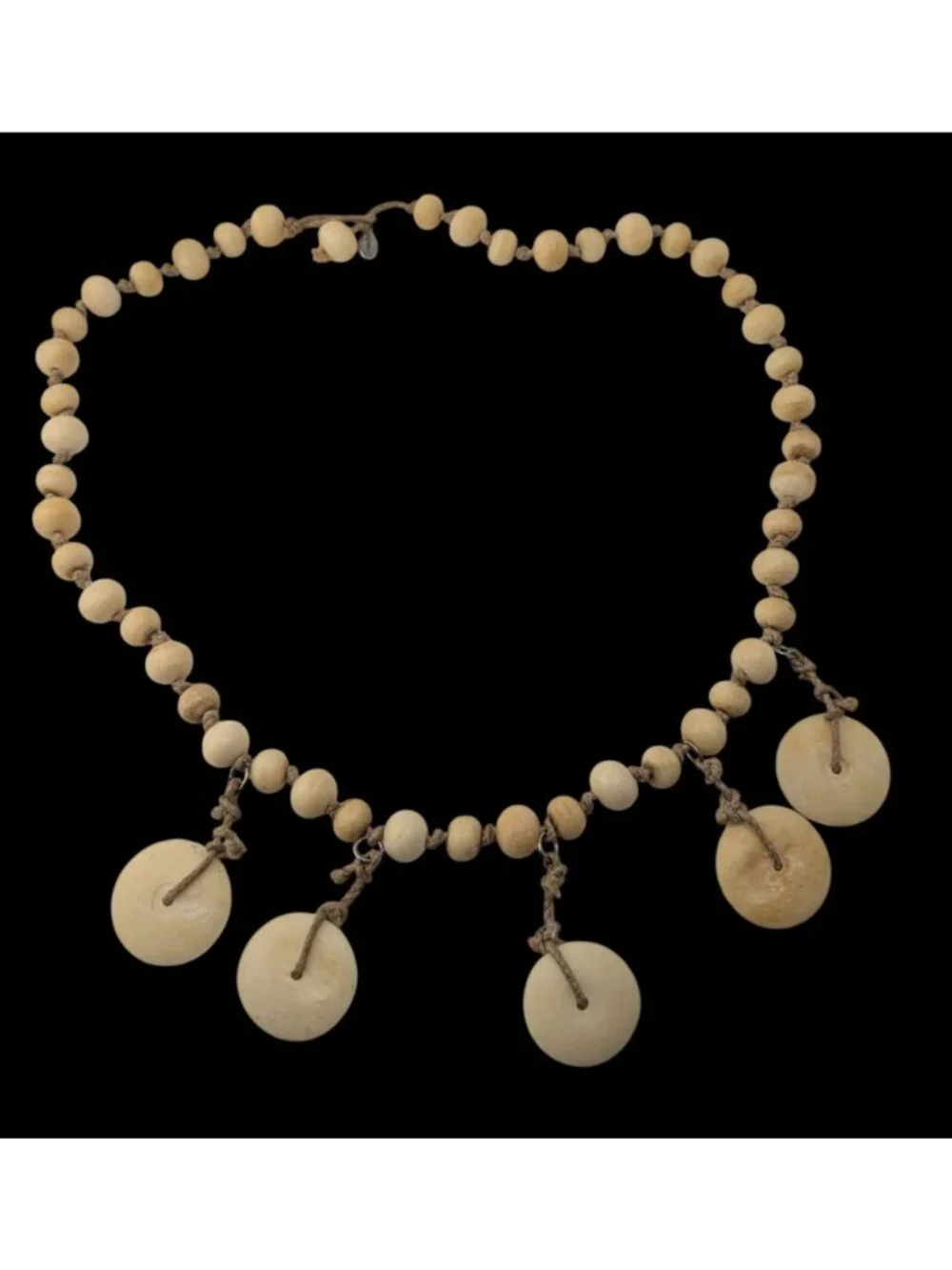90s Boho Tribal Vintage Beaded Disc Dangle Statement Necklace Cream Tan